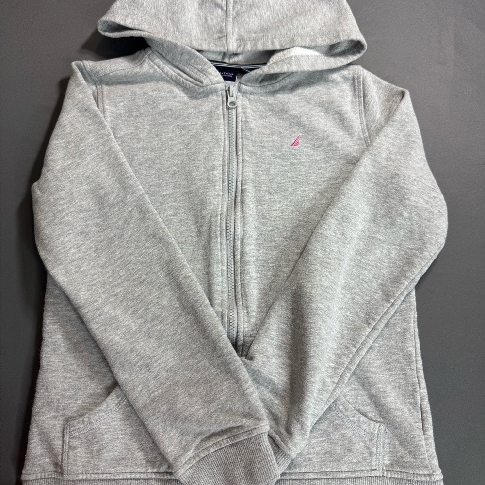 Nautica Girls Zip Up Hoodie Gray Heather Pink Logo Sweatshirt Size‎ L 12-14